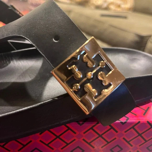 Like New- Size 7 GORGEOUS Tory Burch Black Leather Sandals with Gold Buckle - Picture 2 of 6
